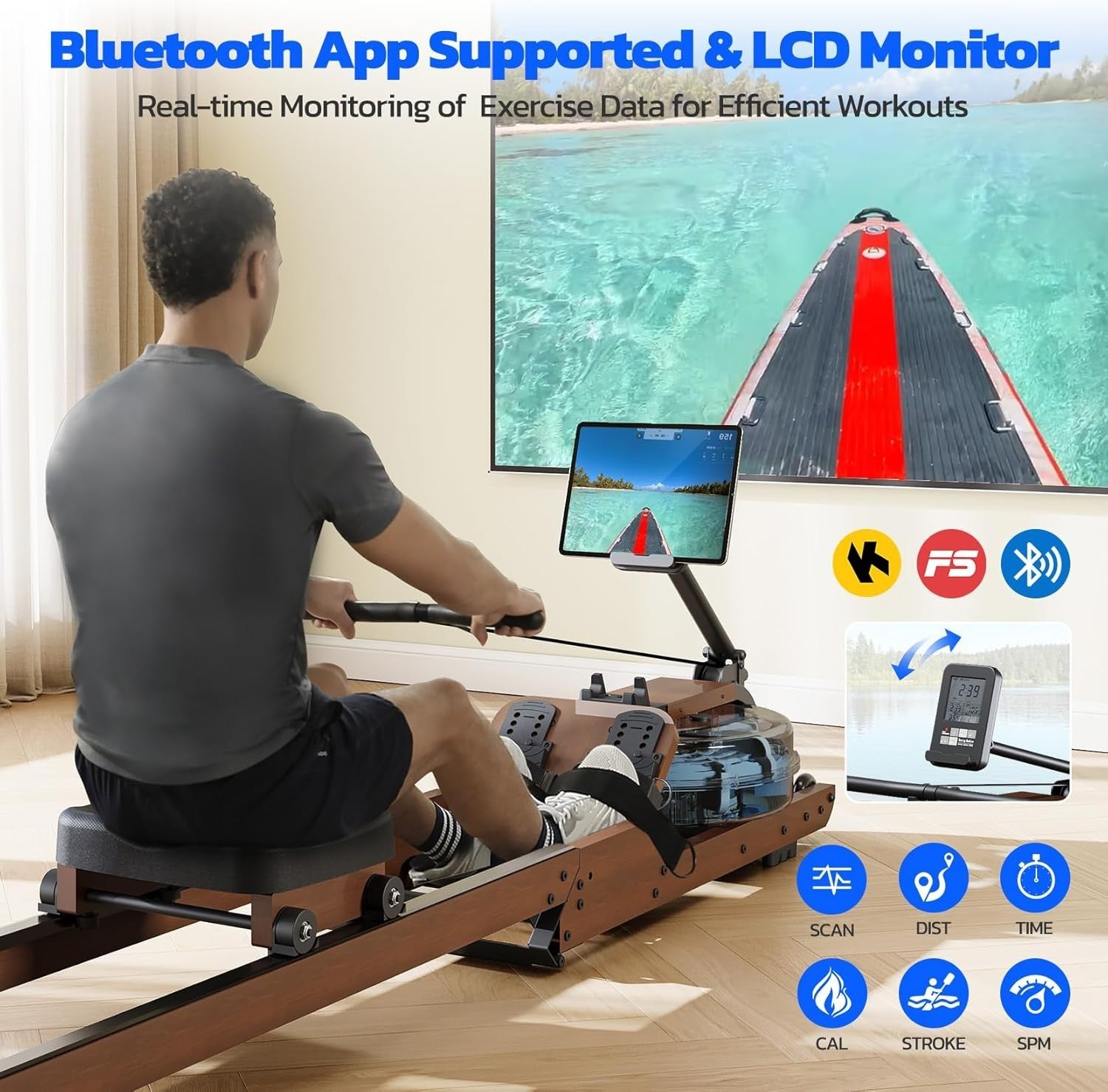 Foldable Oak Wood Water Rowing Machine Bluetooth LCD Home Rower 400LB