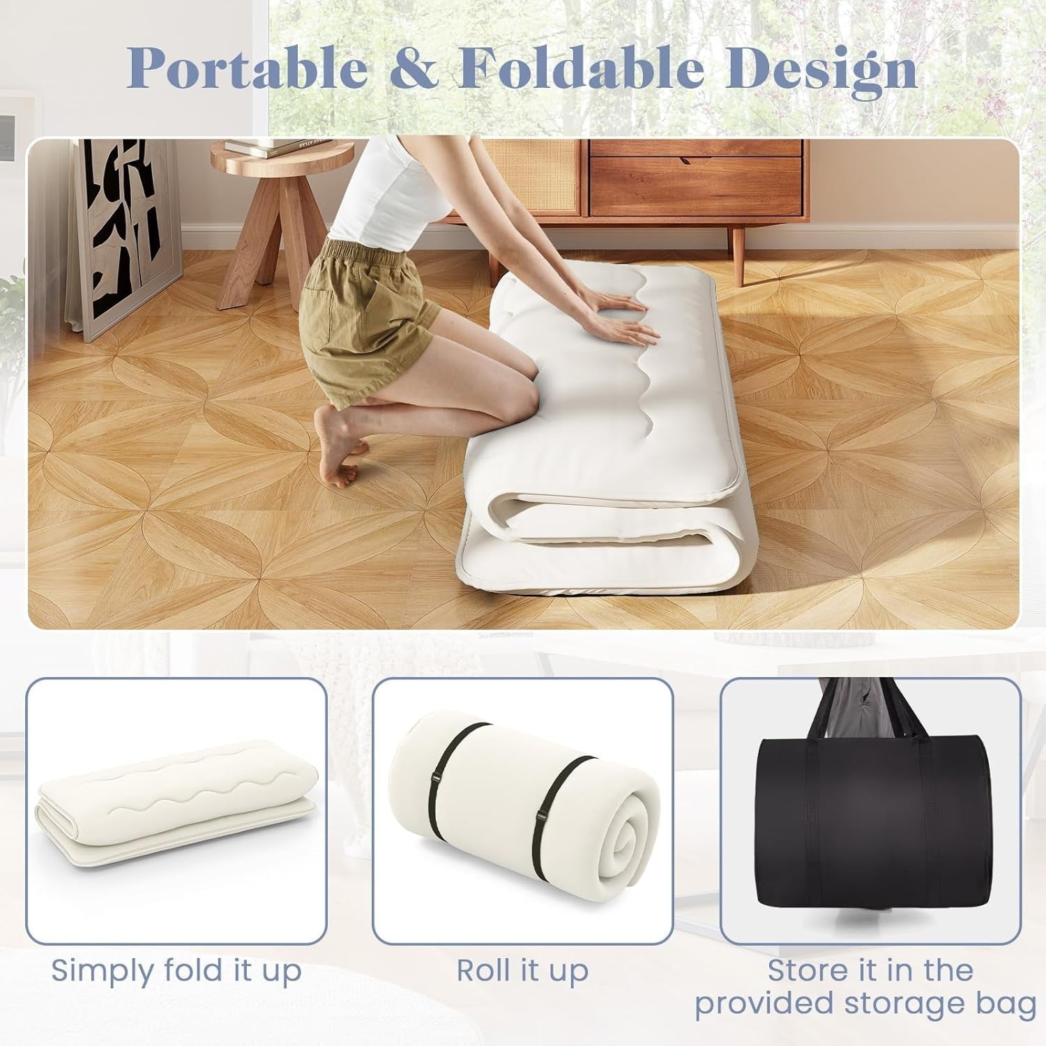 10cm Thick Beige Double Japanese Futon Mattress Foldable Washable Tatami Mat