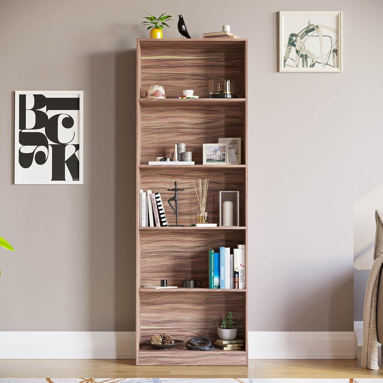 5 Tier Walnut Wooden Bookcase Modern Storage Display Shelf for Living Room
