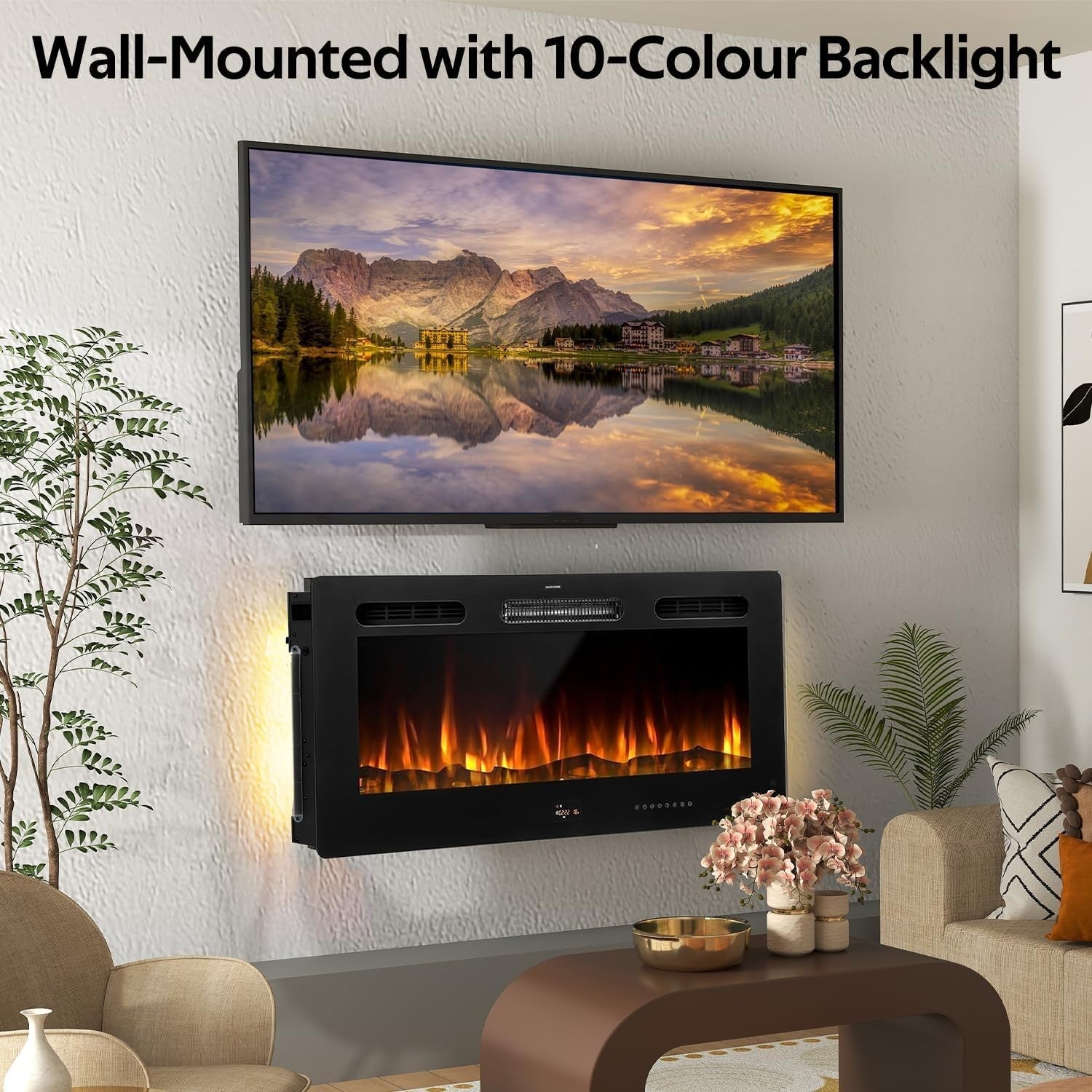 102cm Electric Wall Mounted Fireplace Insert with 10 LED Flames & Remote