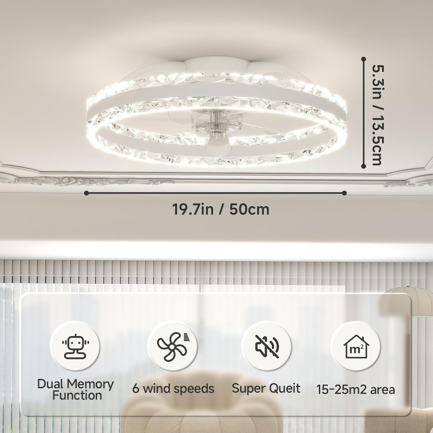 50cm LED Ceiling Fan Light, 6 Speeds, Dimmable, Remote, 3000K-6500K
