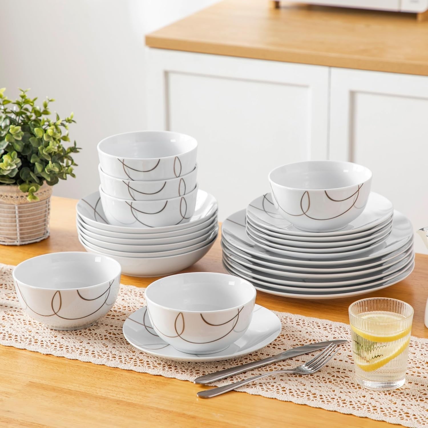 24 Piece Porcelain Dinner Set Plates Bowls Modern Line Design Dishwasher Safe