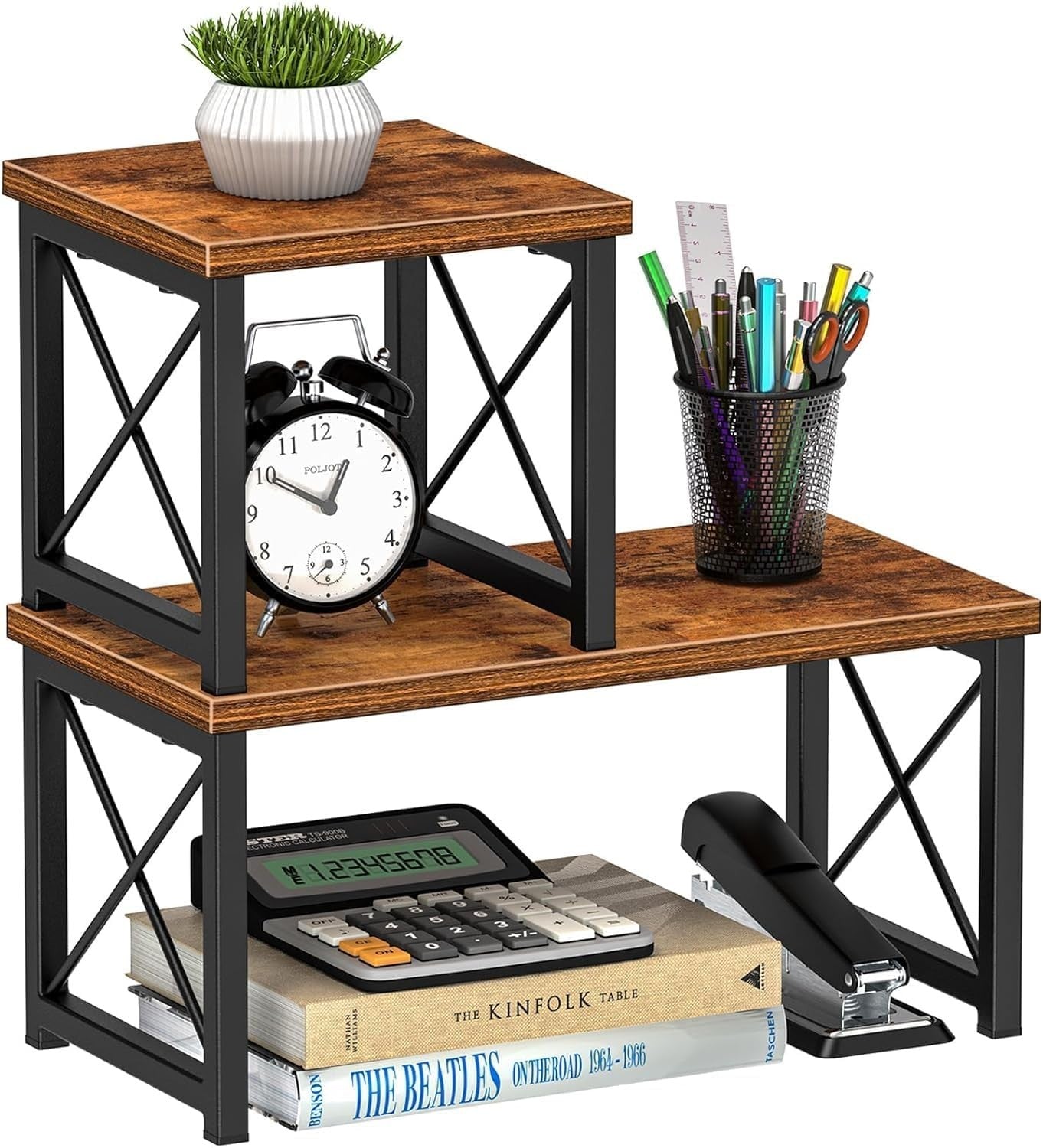 2-Tier Freestanding Desktop Bookshelf – Stackable Wood Desk Organizer Shelf