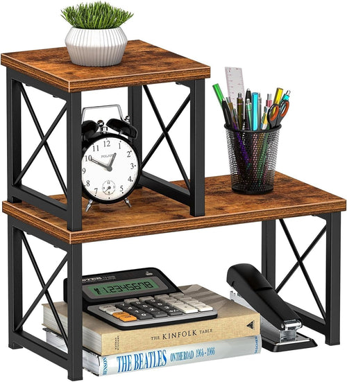 2-Tier Freestanding Desktop Bookshelf – Stackable Wood Desk Organizer Shelf