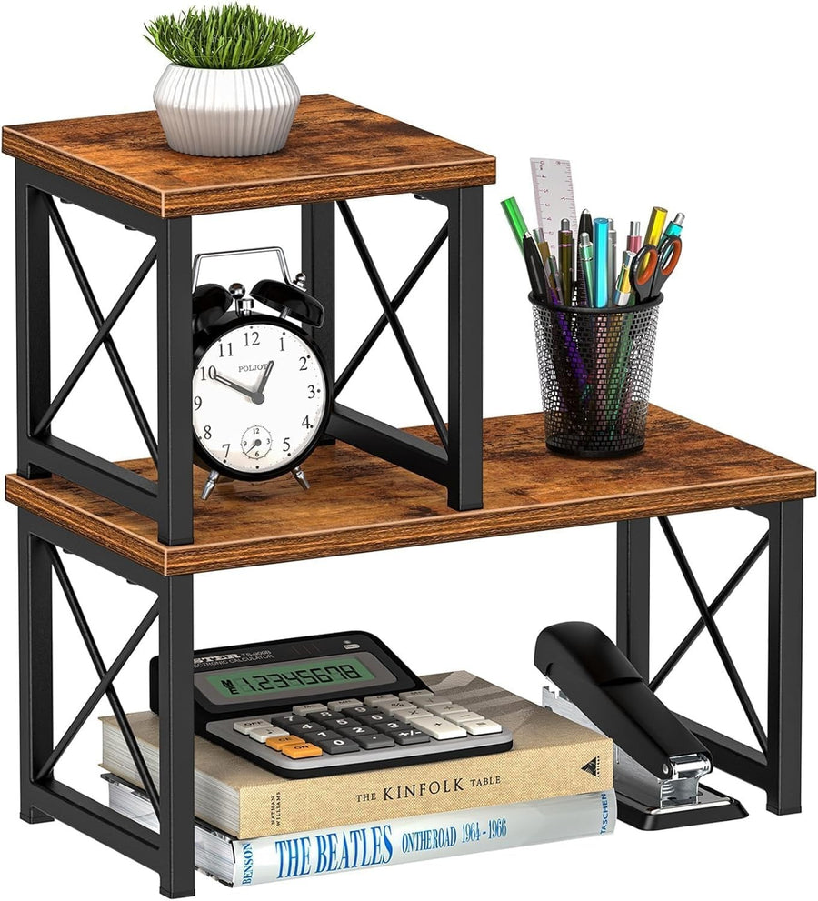 2-Tier Freestanding Desktop Bookshelf – Stackable Wood Desk Organizer Shelf