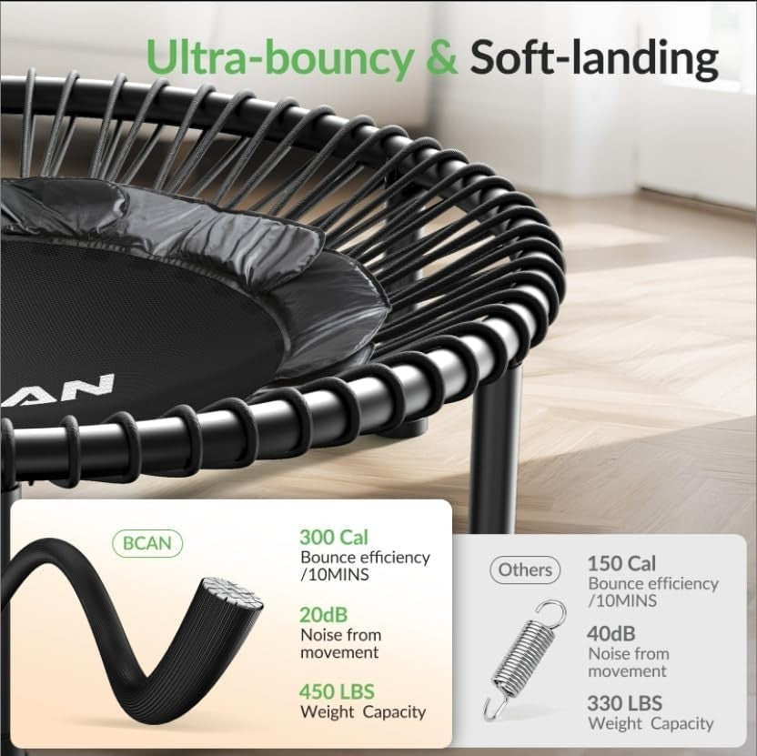 48in Fitness Rebounder Trampoline Adjustable Handle 550lb Silent Bungee