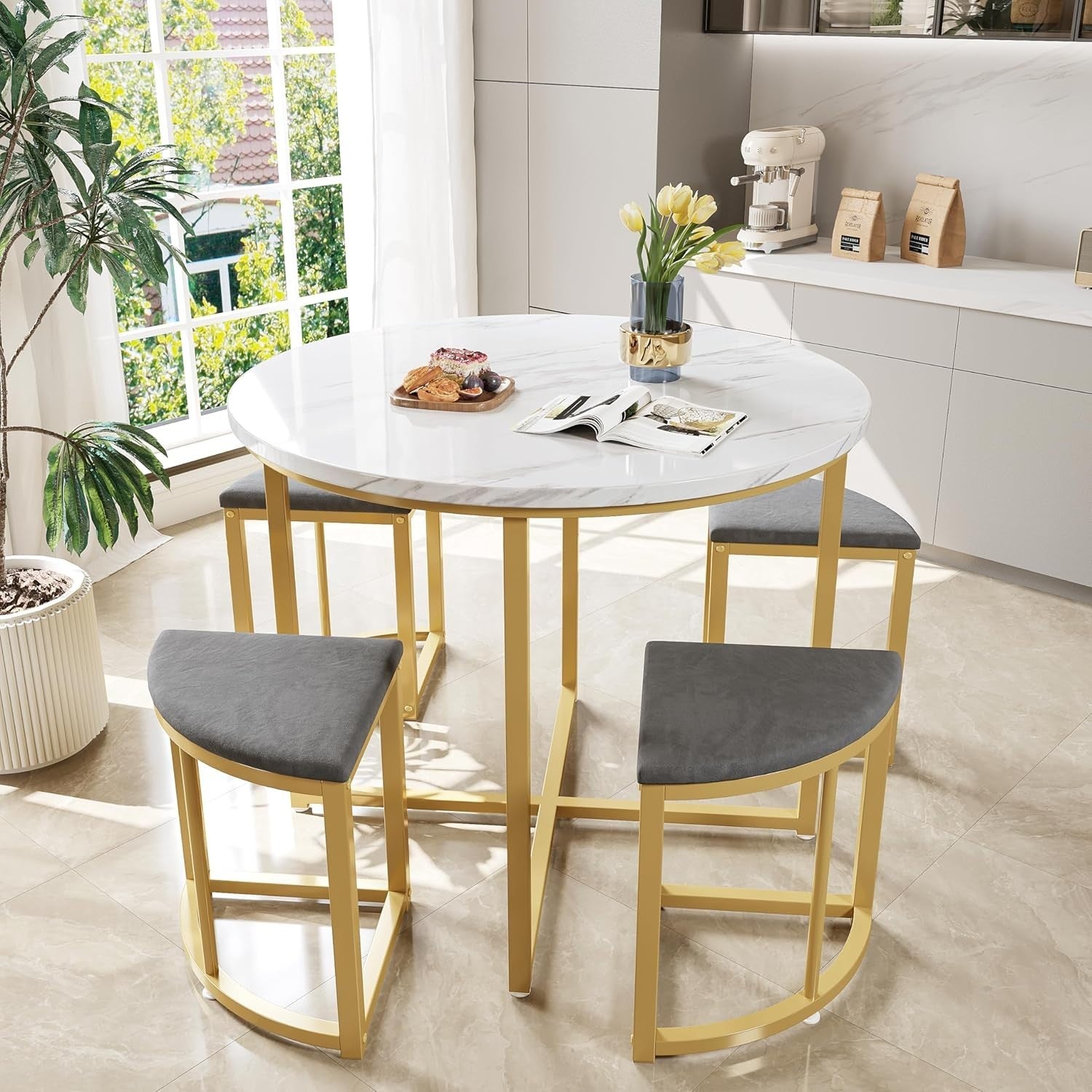 Round Marble Dining Table Set 4 Semi-Circular Stools Space-Saving Chairs