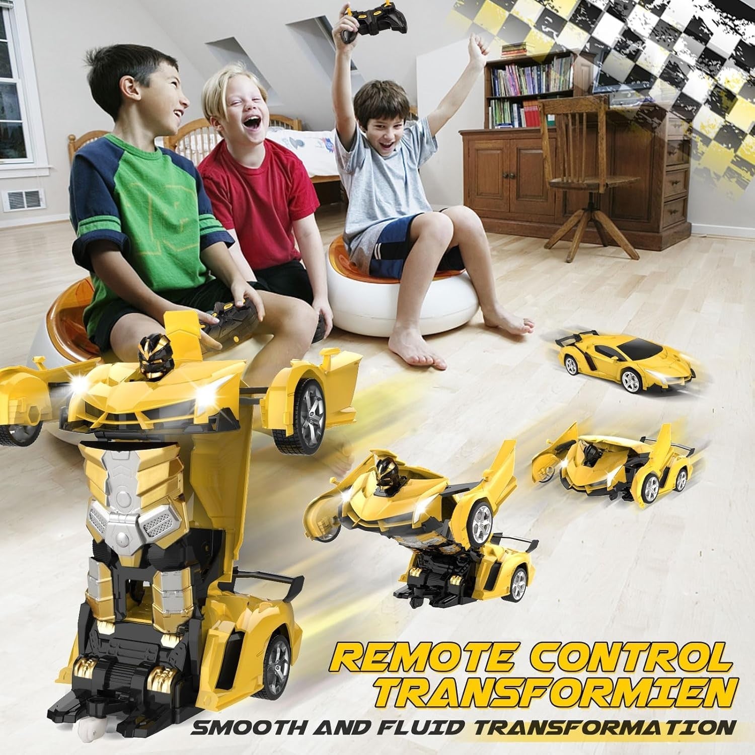 2-in-1 Yellow RC Transforming Robot Car 360° Spin Remote Control Toy for Kids