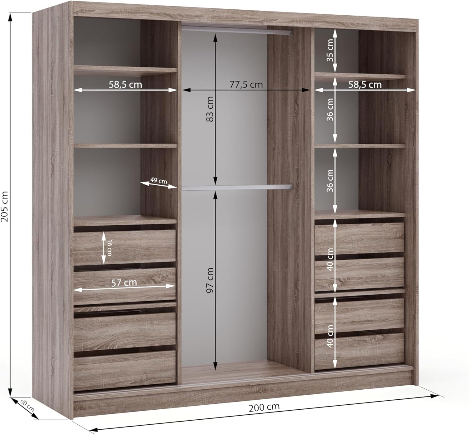 Modern Sliding Door Wardrobe with Mirror, 200cm, 8 Drawers, Floor Mount