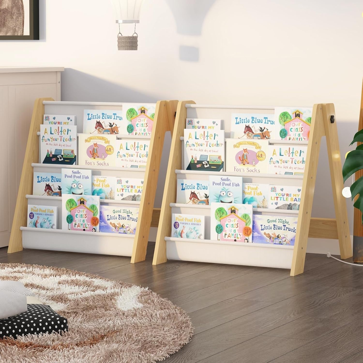 Kids 4 Tier Foldable Bookshelf with Deep Fabric Pockets, Durable Book Storage