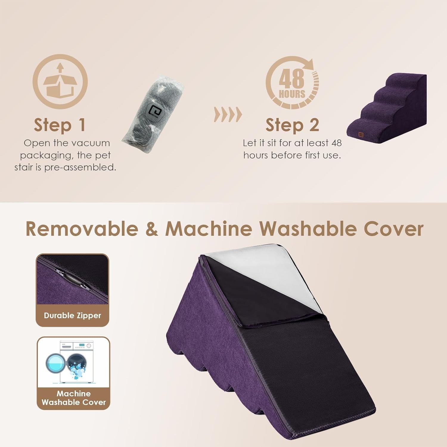 4 Step Dog Stairs for High Bed Non Slip Foam Pet Steps Purple