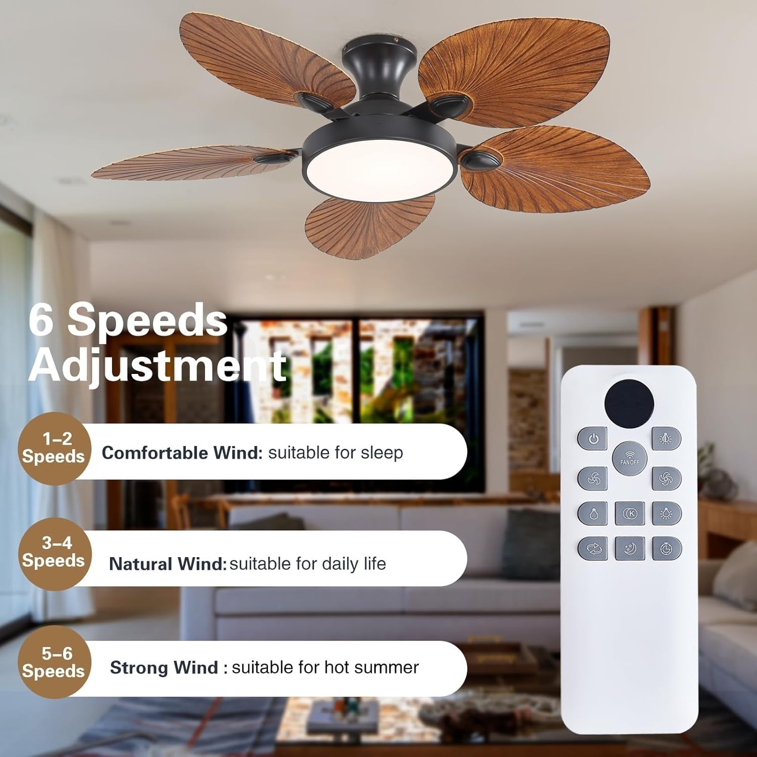 Fanyank 46" Tropical Ceiling Fan with Light, Palm Leaf, 6-Speed, Remote
