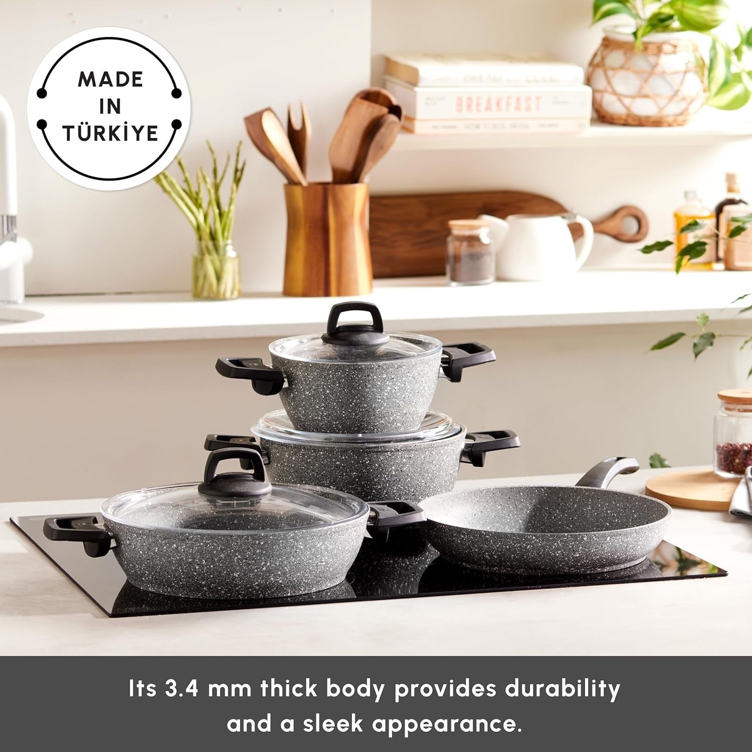 7pcs Grey Granite Non Stick Induction Cookware Set with Lids, PFOA Free