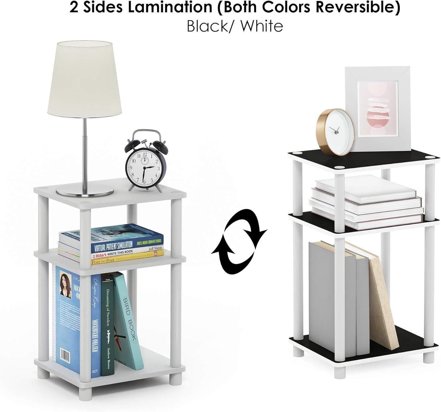 3-Tier End Table – 29x34x58cm Side Table Nightstand White w/ White Tube