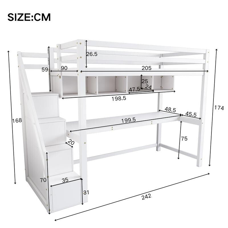 Kids Loft Bunk Bed with Desk Shelves Storage Stairs 3FT Pine Wood 90x190 White