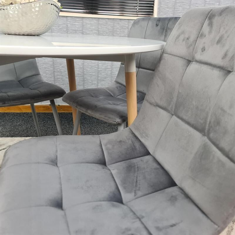 Round White Dining Table Set with 4 Grey Velvet Chairs – 4 Seater Kitchen