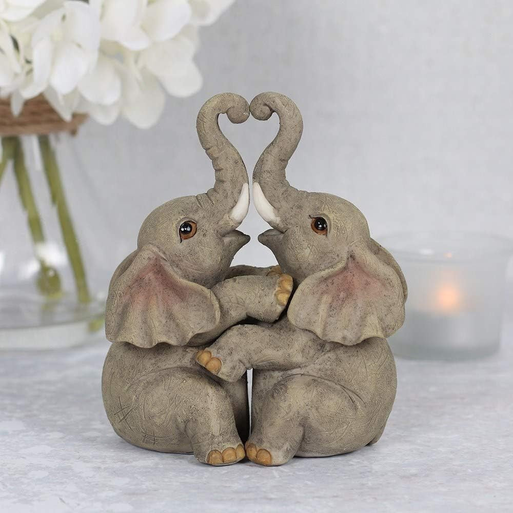 Adorable Resin Elephant Couple Ornament 12cm Rustic Home Decor Love Gift