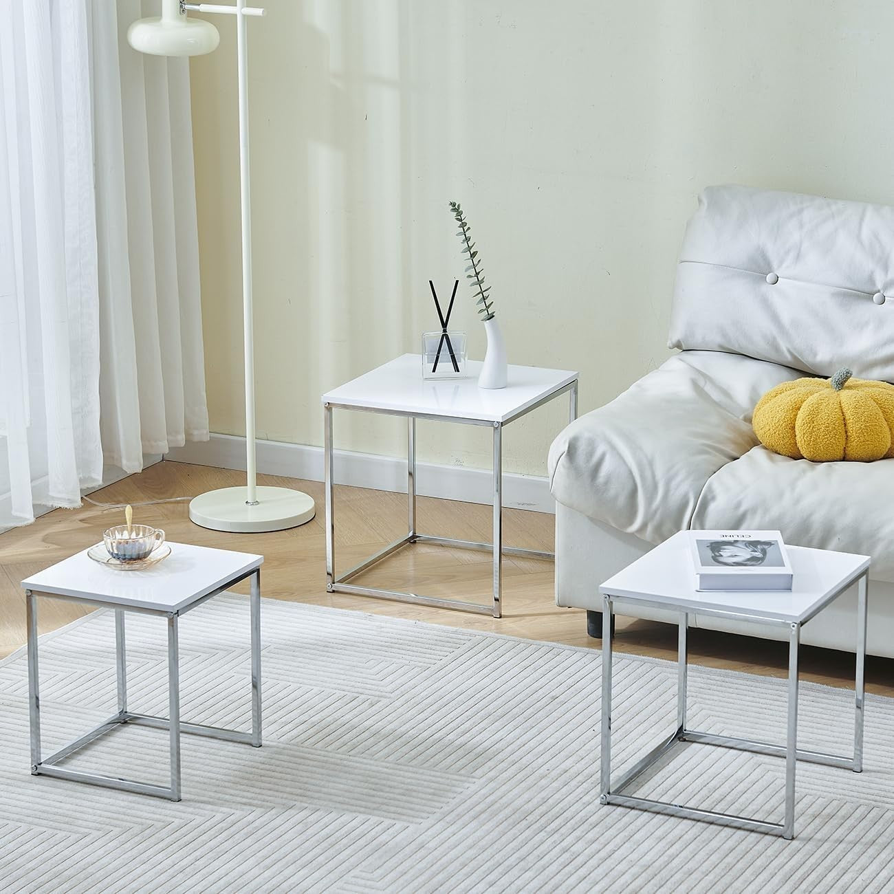 Space Saving 3pc Nesting End Side Tables Stackable High Gloss Modern White Set