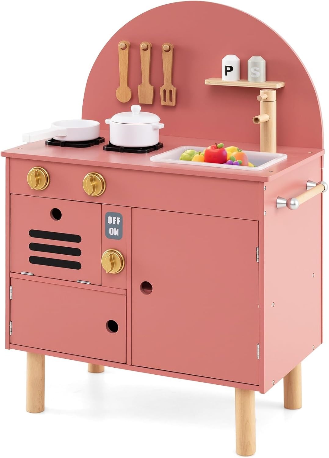 Kids Wooden Play Kitchen Pink Pretend Cooking Toy Set Accessories