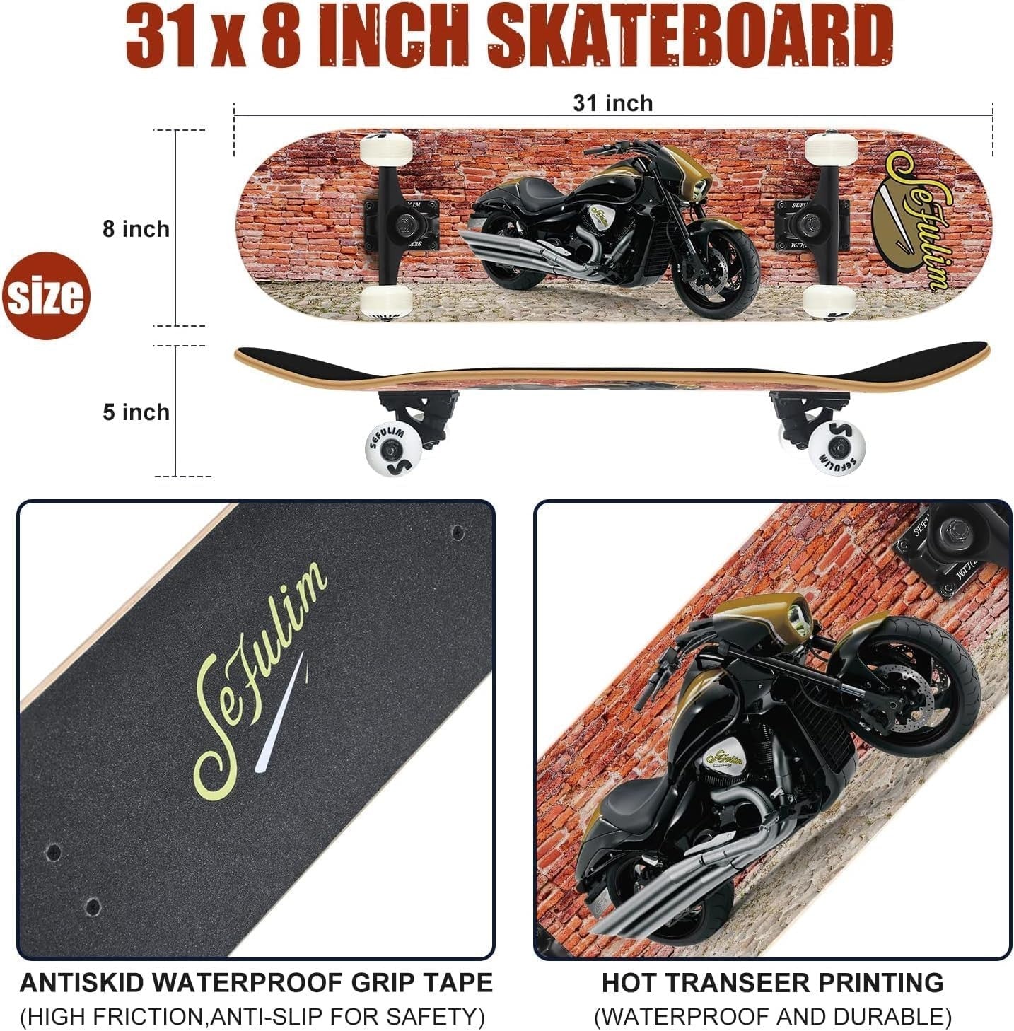 31" Complete Skateboard Maple Double Kick Trick Board Motorcycle Design Teens