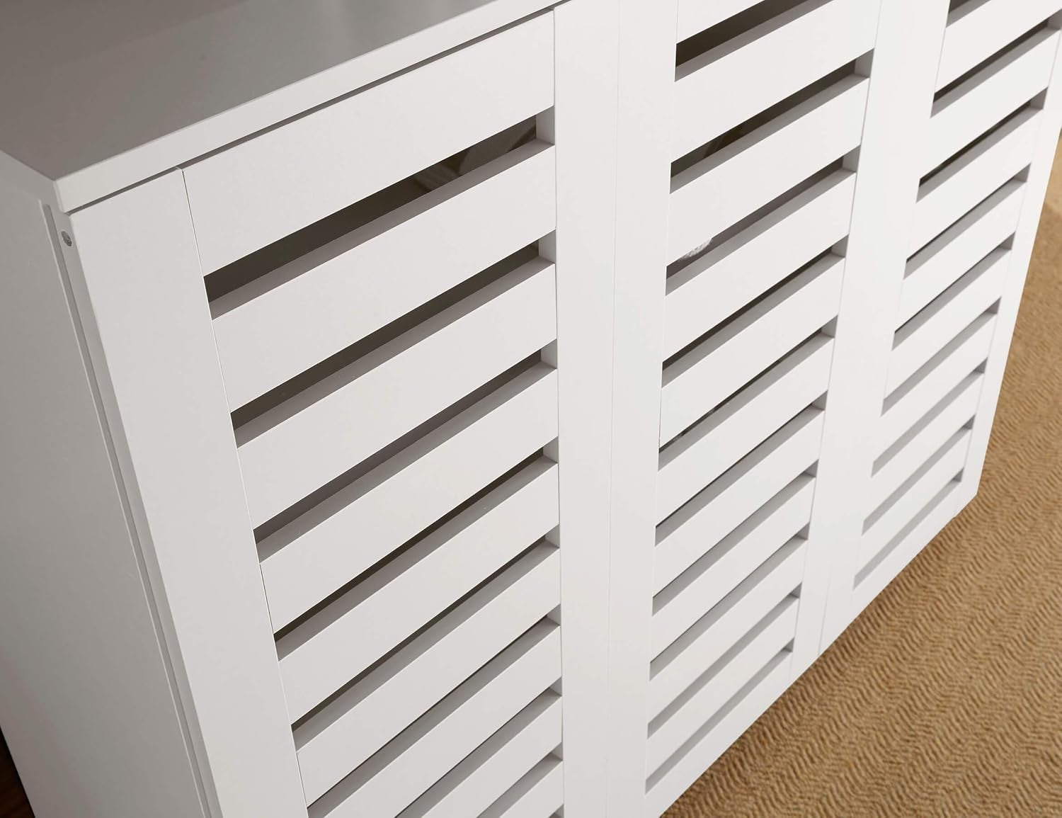 White 3 Door Wooden Shoe Cabinet with Slatted Doors, Large Hallway Cupboard