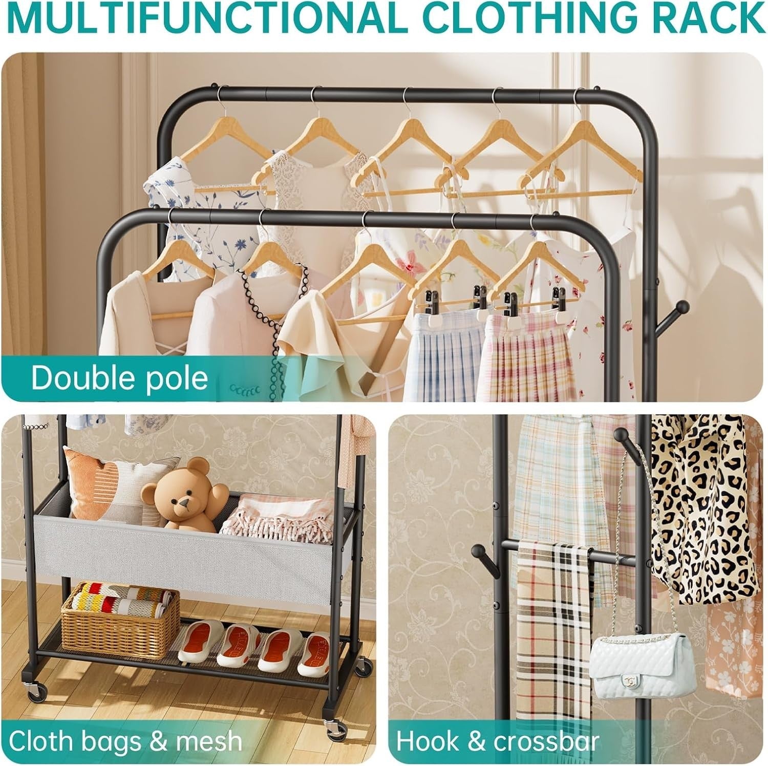 Heavy Duty Clothes Rail with Wheels & Shelf – Black 91×43×183cm