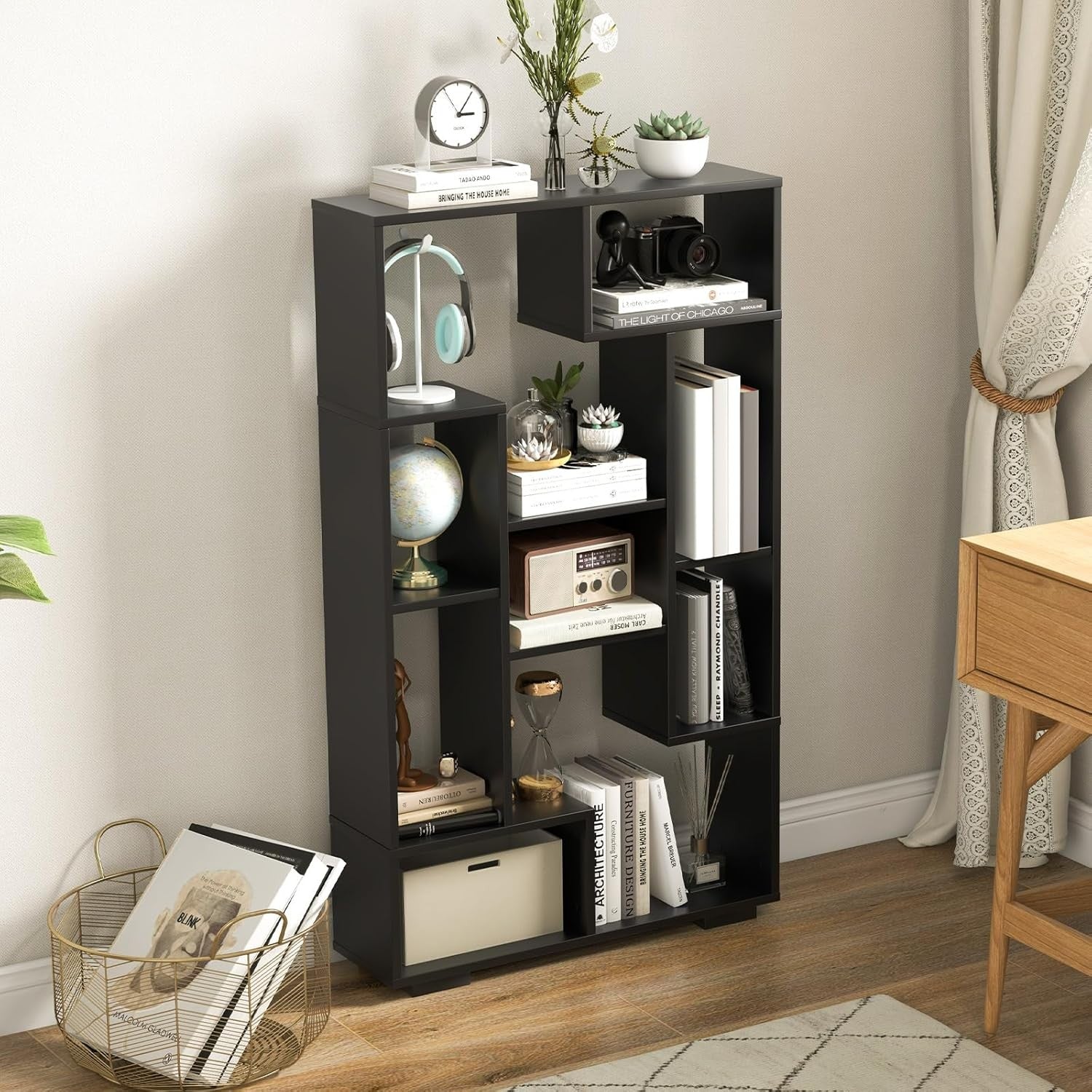 Geometric 11-Cube Bookcase Black | Modern Open Shelving Unit | Freestanding