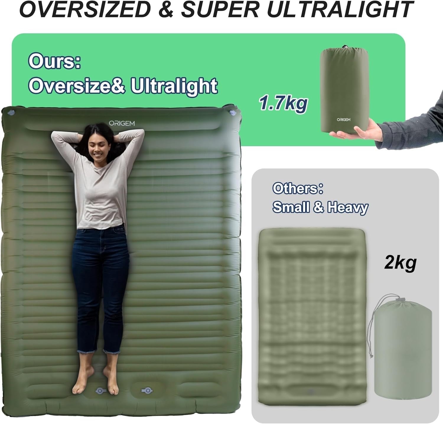 Self-Inflating Double Camping Mattress – Extra Thick, Wide, Portable.