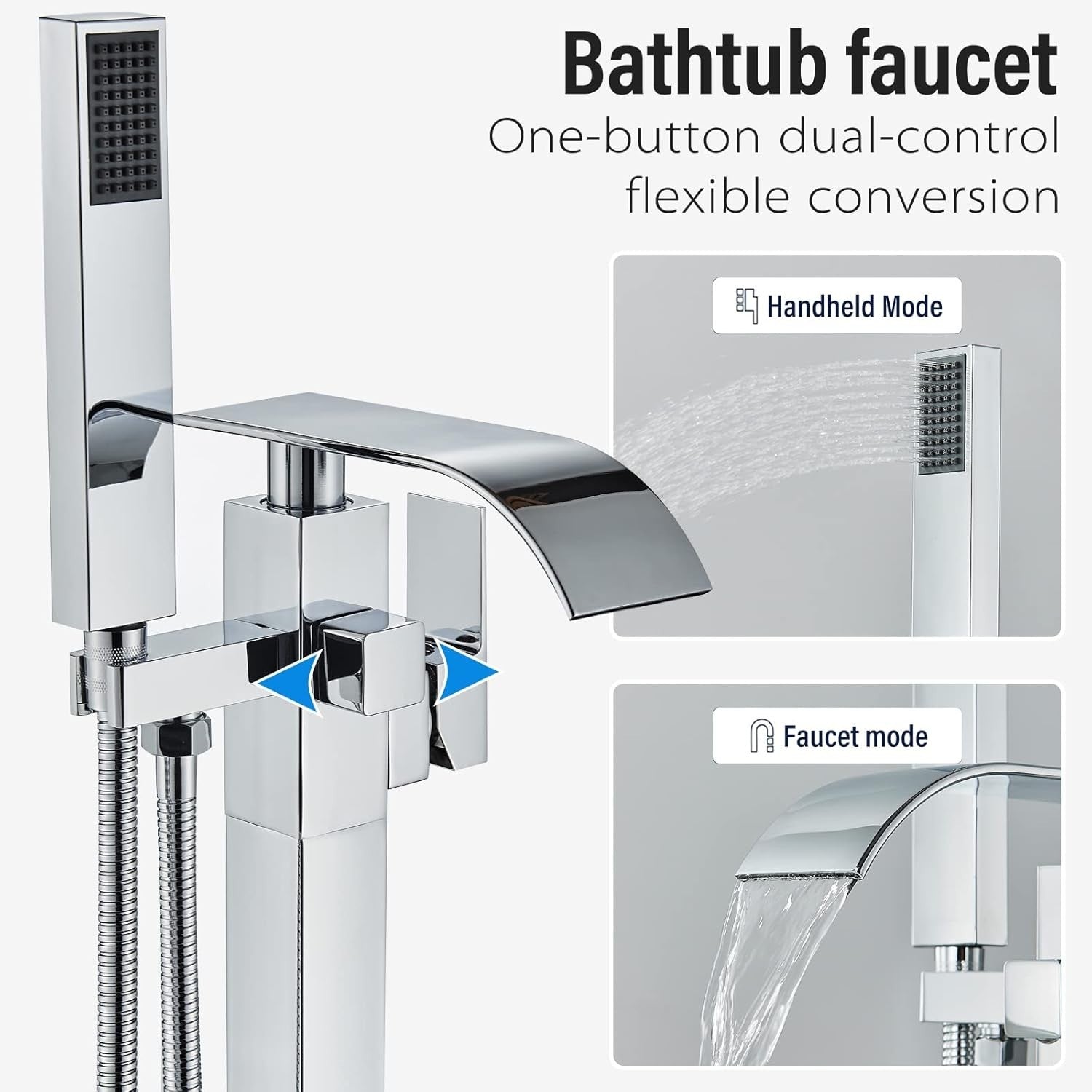 Chrome Freestanding Bath Mixer Tap with Handheld Shower Floor Mounted Brass