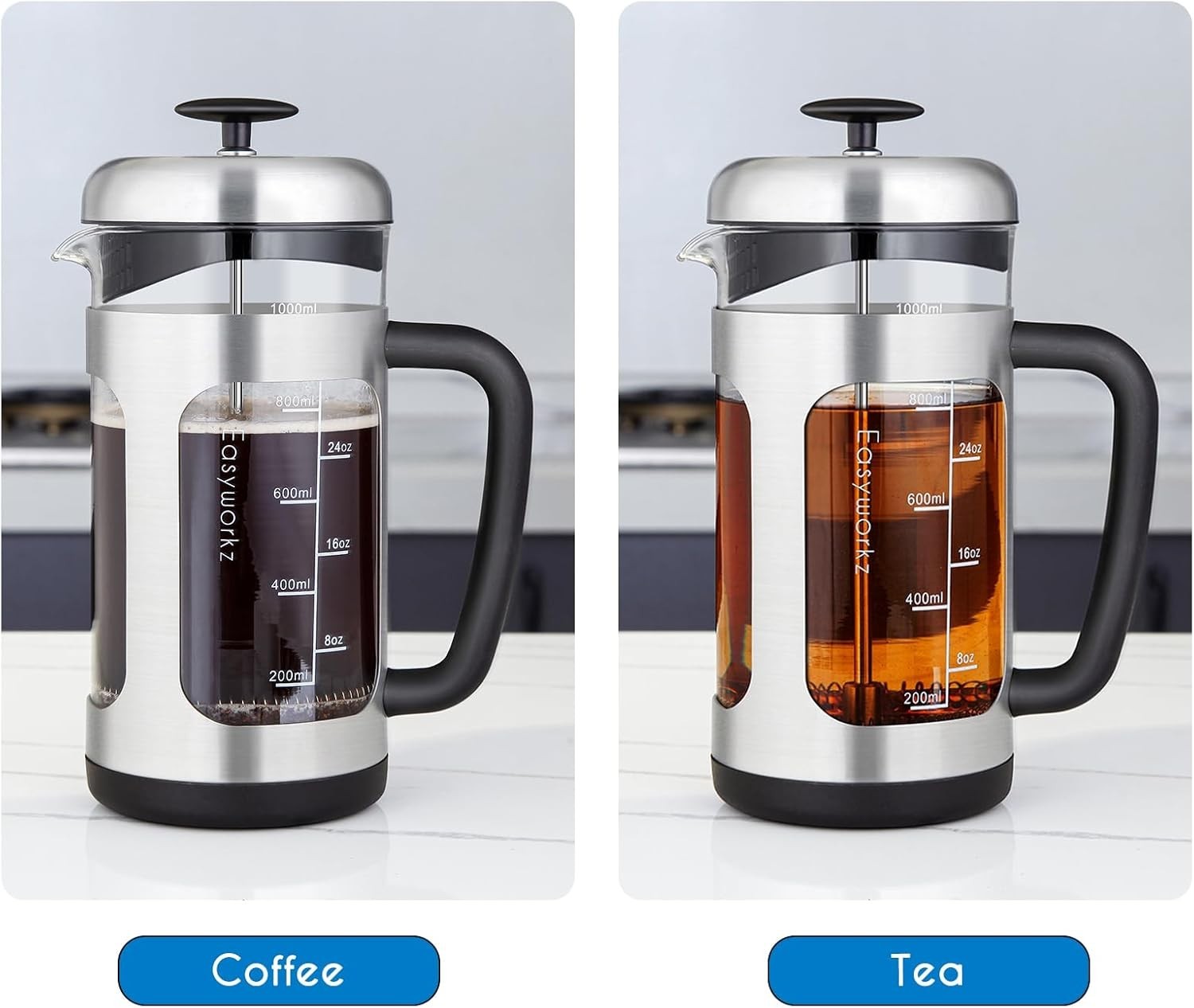 Stainless Steel French Press 1000ml Coffee & Tea Maker Borosilicate Glass Jug