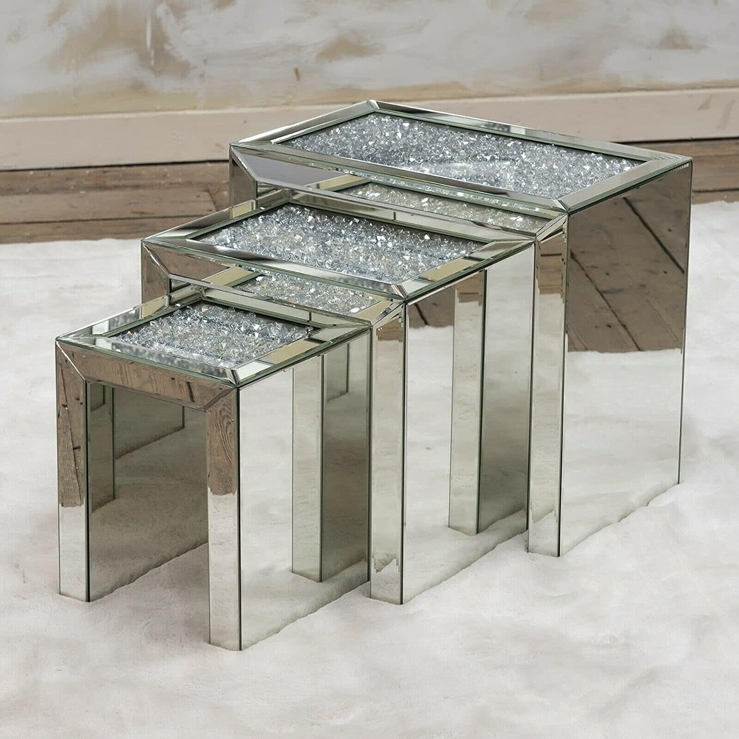 Crushed Diamond Coffee Table Nest Set Mirrored Silver Glass Wood Rectangular