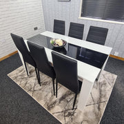 White & Black Dining Table Set with 6 Black Faux Leather Chairs - Modern, Durabl