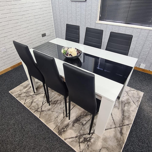 White & Black Dining Table Set with 6 Black Faux Leather Chairs - Modern, Durabl