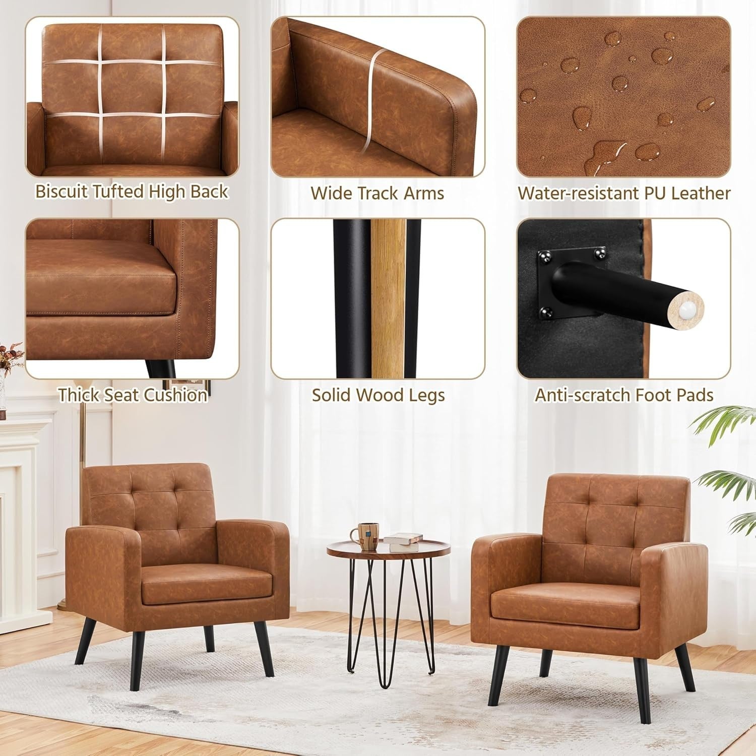 Retro Brown Tufted Accent Chair Mid Century Armchair for Lounge or Bedroom