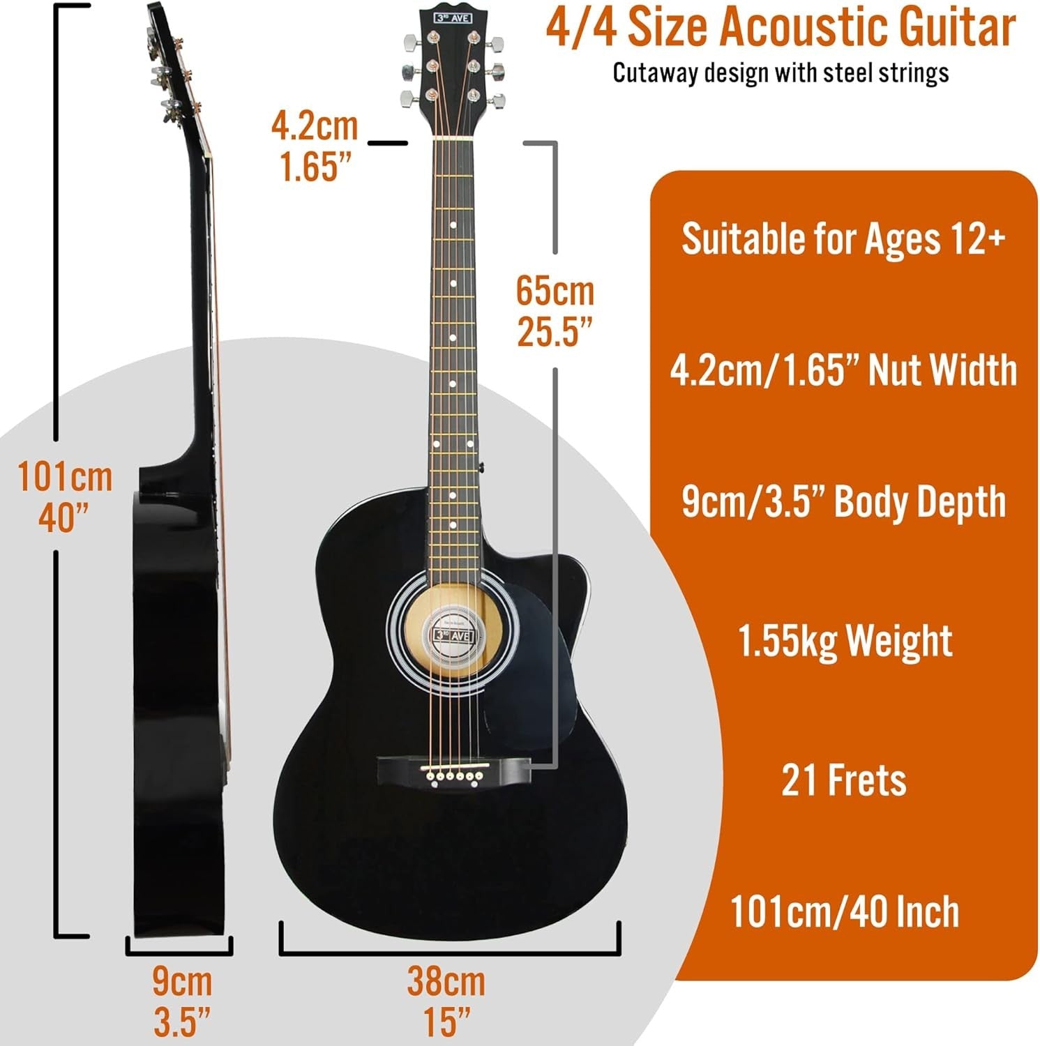 Full Size 4/4 Cutaway Acoustic Guitar Starter Kit Black