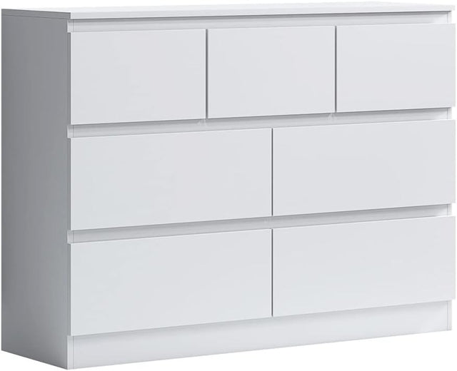 White Chest of 7 Drawers Modern Bedroom Storage Cabinet Sleek Design