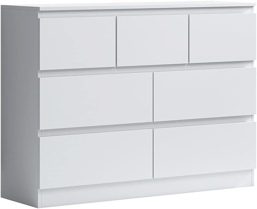 White Chest of 7 Drawers Modern Bedroom Storage Cabinet Sleek Design