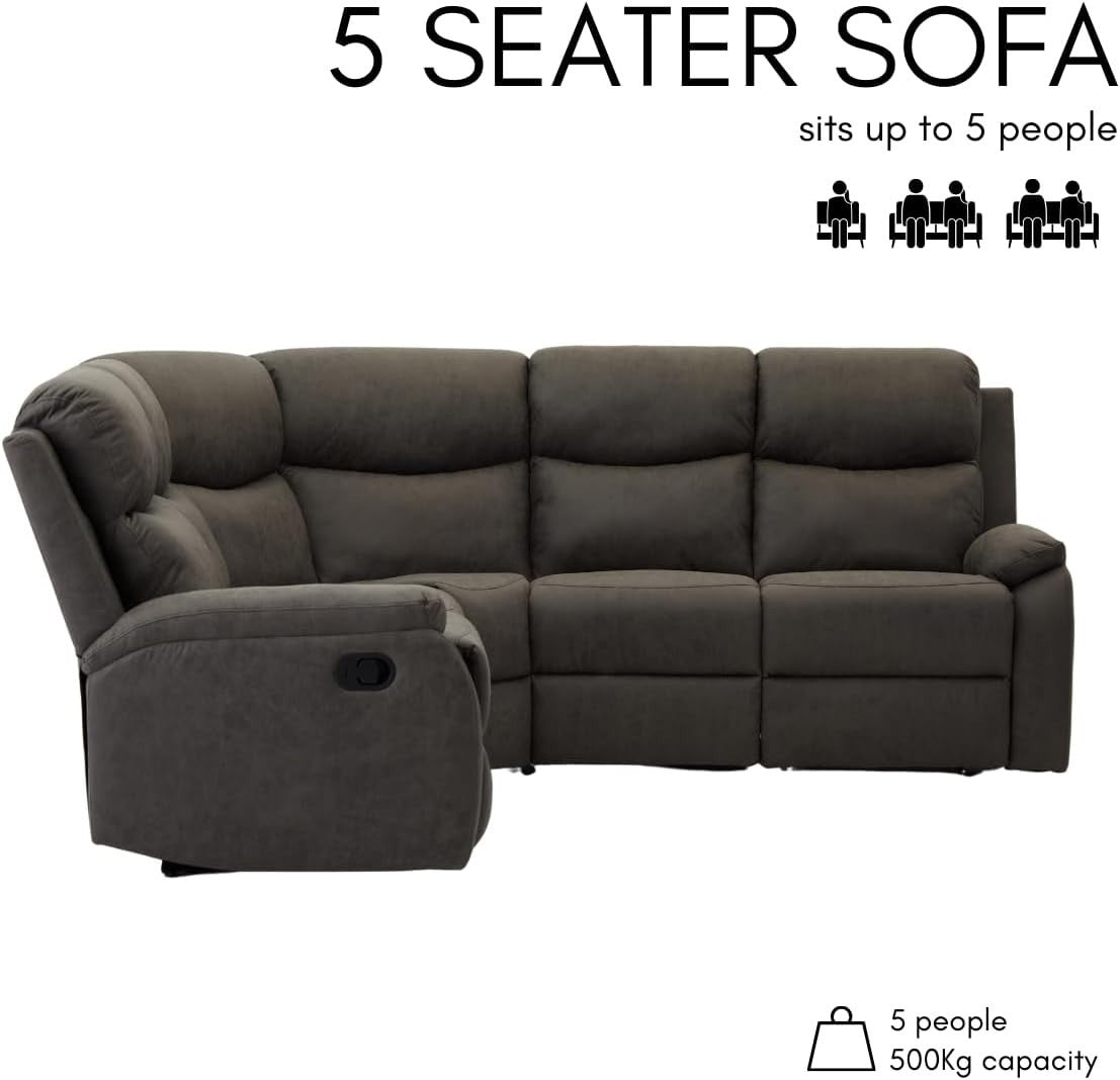 Grey 5 Seater L-Shape Recliner Sofa – Manual Recline, Full Chaise, Lumbar Suppor