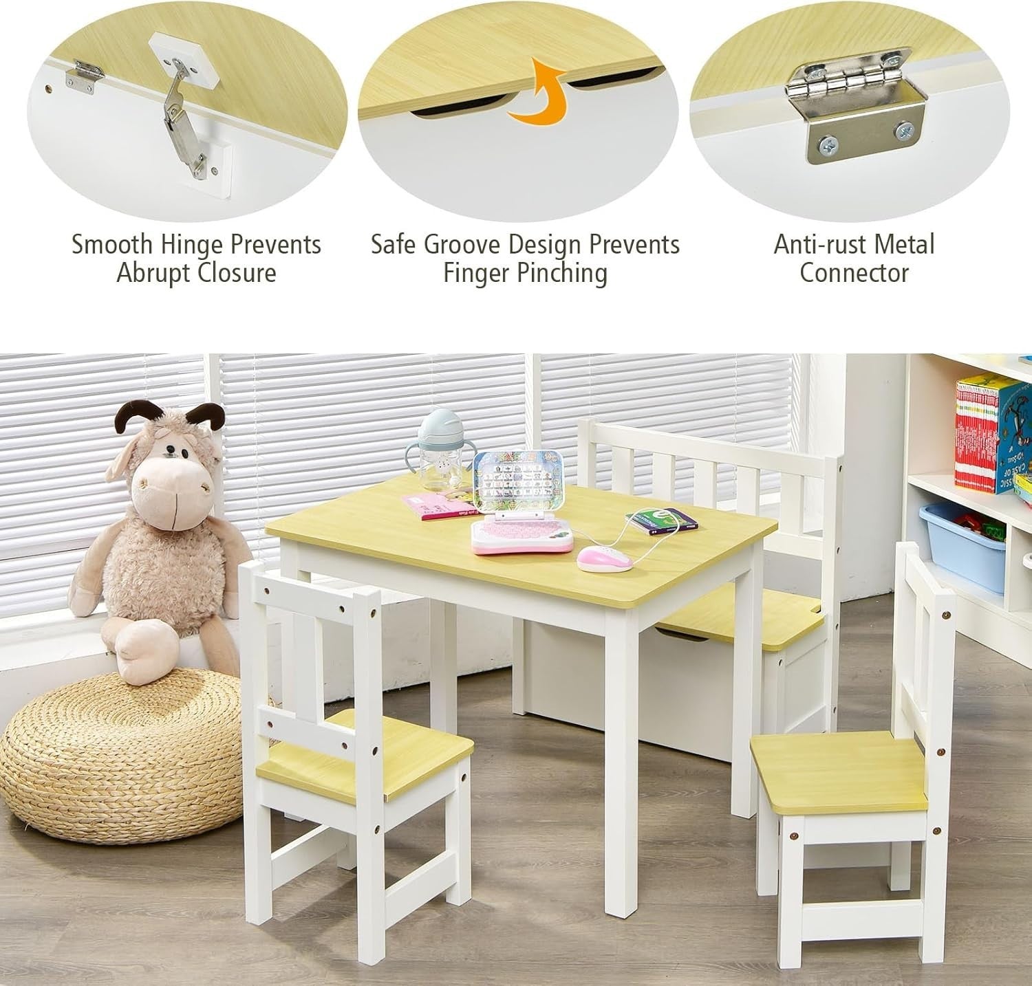 Kids Wooden Table Chair Set with Storage Bench 4 Piece Toddler Furniture