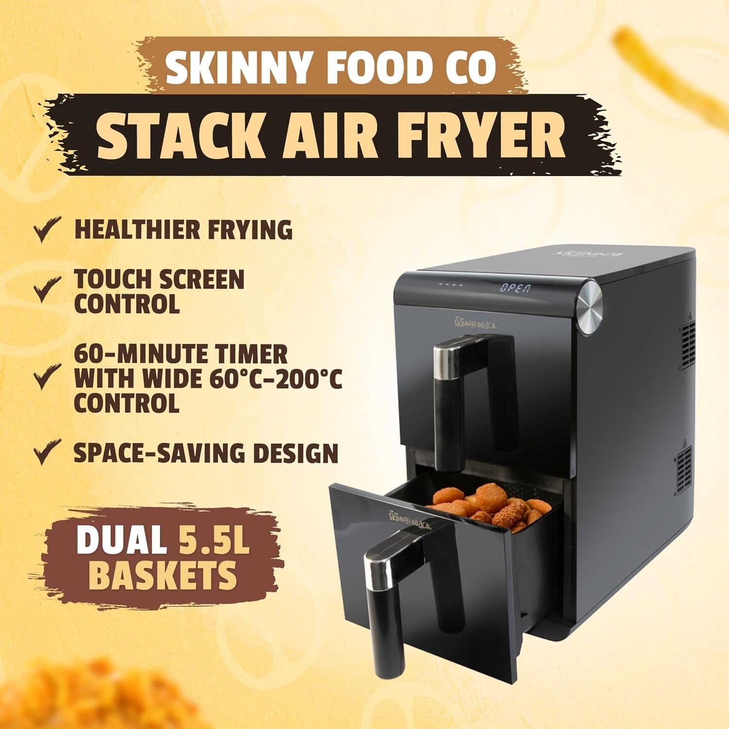 11L Double Stack Dual Drawer Air Fryer 2 Basket LED 60-200C Timer Black