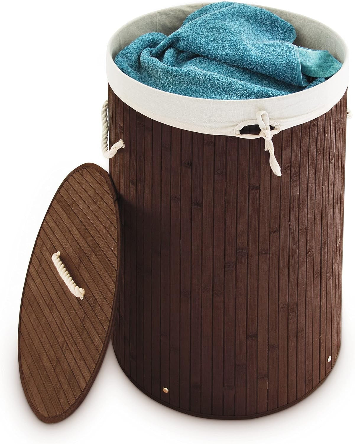 Round Bamboo Laundry Basket 80L with Lid & Cotton Liner Foldable Brown 65×41cm