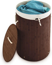 Round Bamboo Laundry Basket 80L with Lid & Cotton Liner Foldable Brown 65×41cm