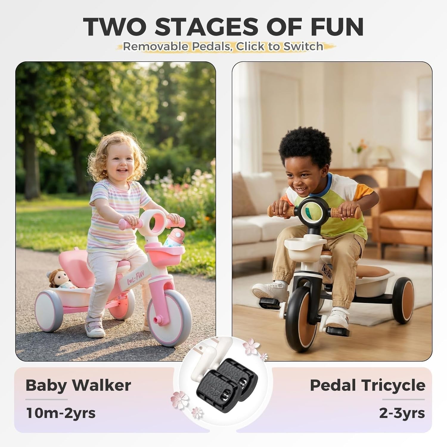 Kids Tricycle Toddler Bike Adjustable Seat Storage Baskets 10M-4Y