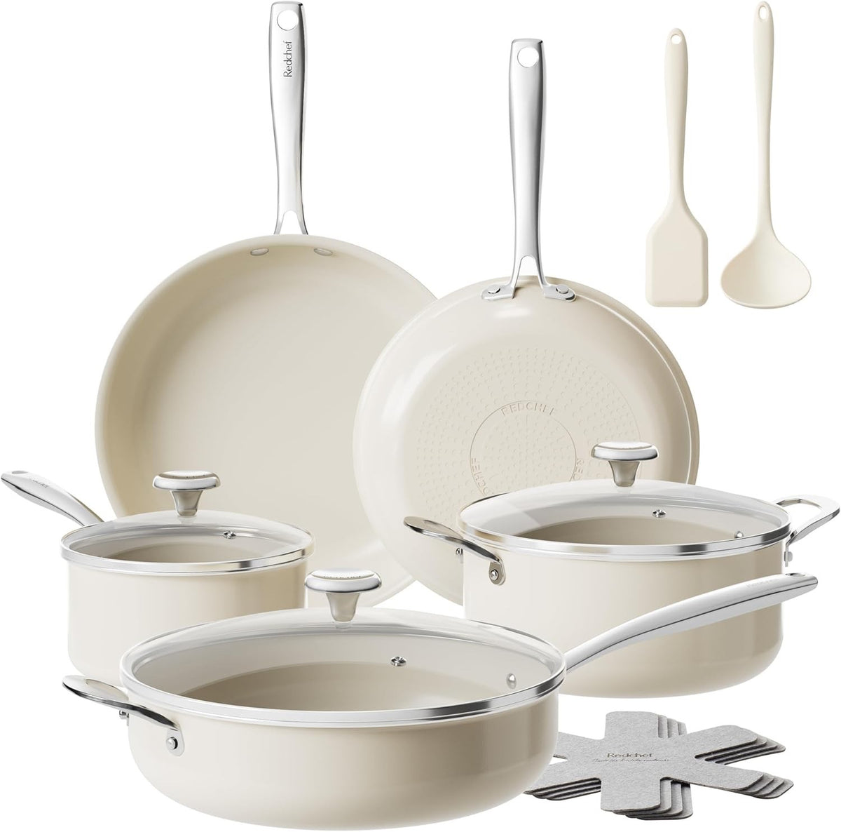 14pcs White Ceramic Non Stick Cookware Set – Induction Safe with Glass Handle