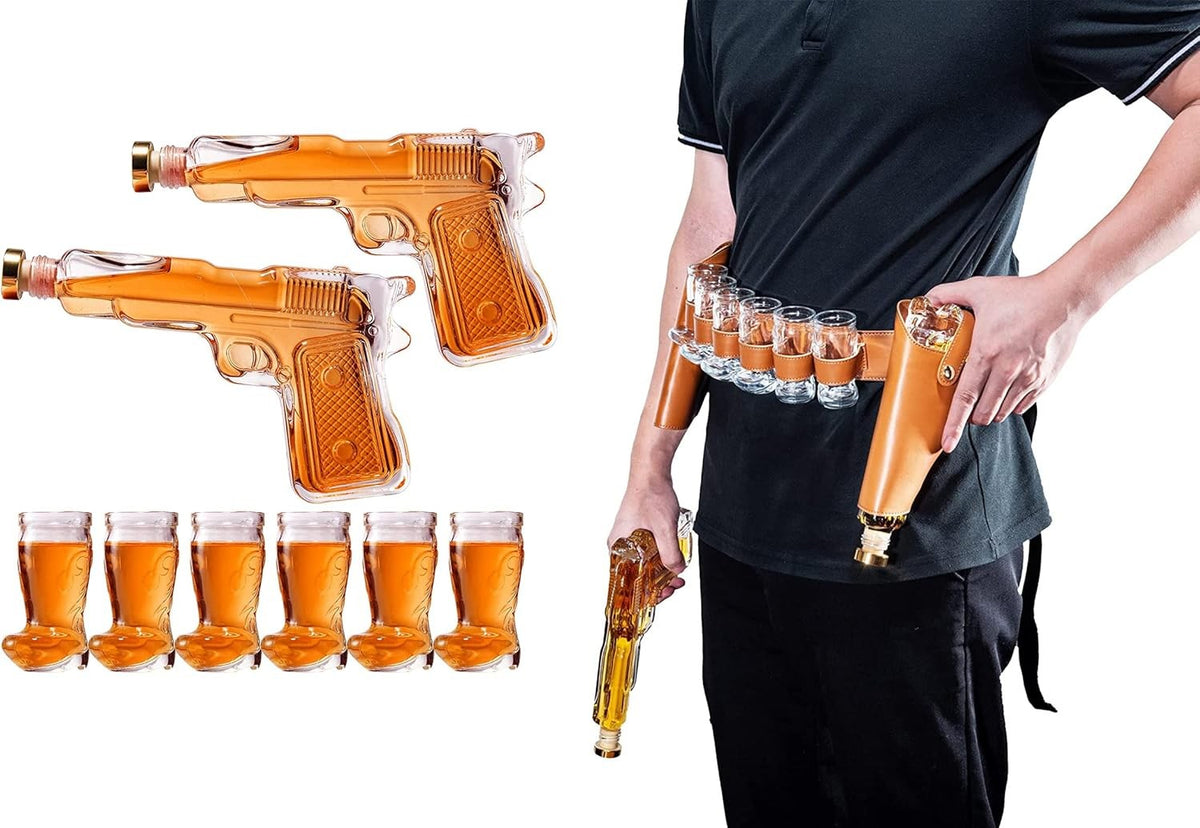 Whiskey Gun Decanter Set with Shot Glasses & Holster – Party Bar Gift