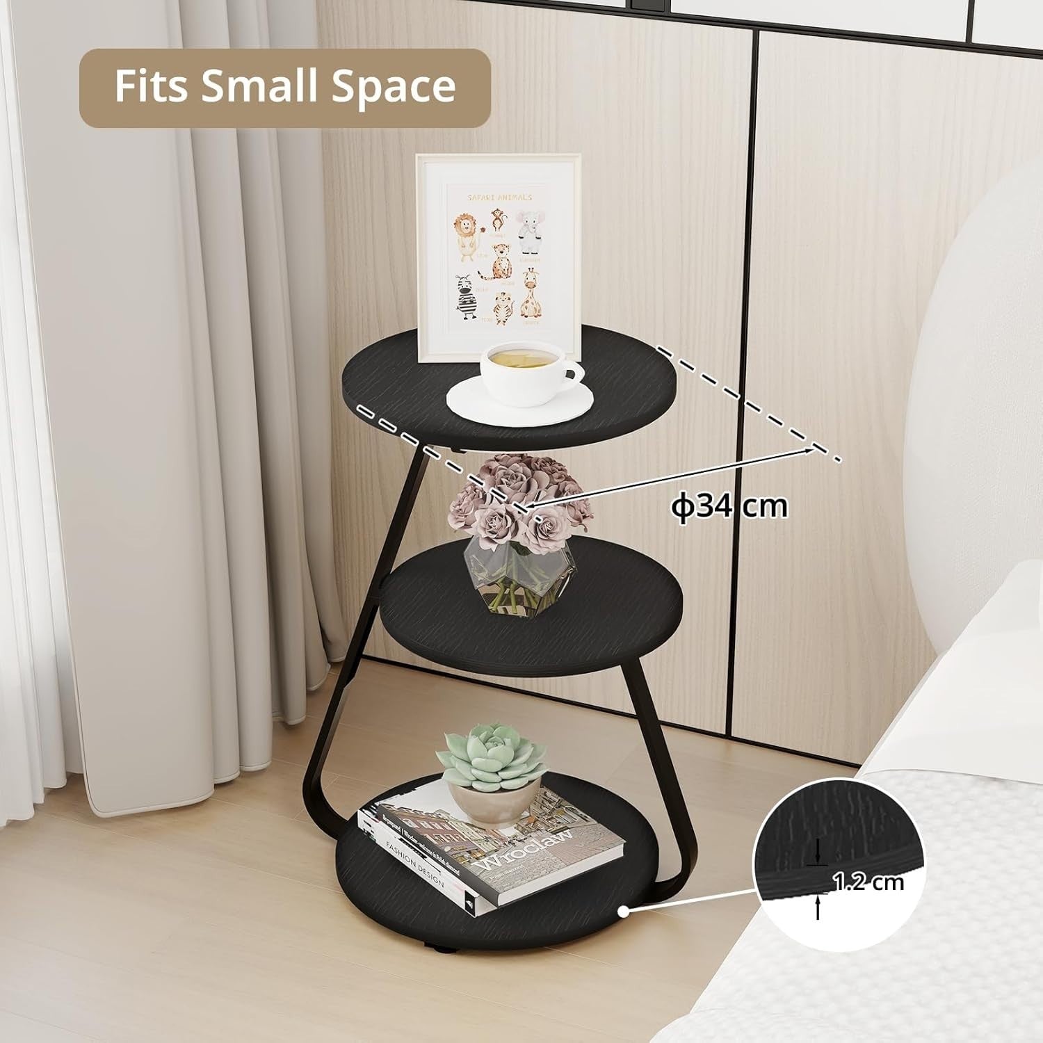 Set of 2 LED Bedside Tables – 3 Tier Round End Tables with Storage Black
