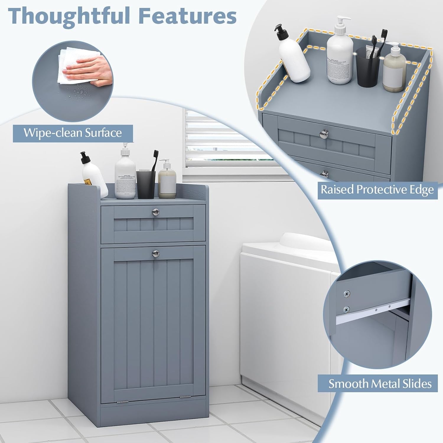 Grey Tilt-Out Laundry Cabinet with Drawer Removable Liner Bathroom Storage Unit