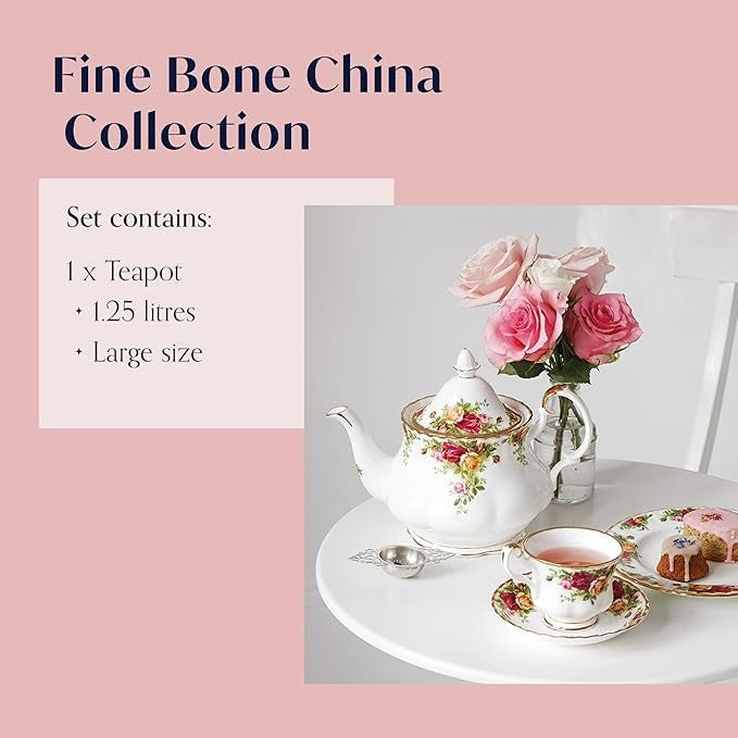 Large Vintage Floral Bone China Teapot 1.25L Gold Rim Elegant Tea Pot