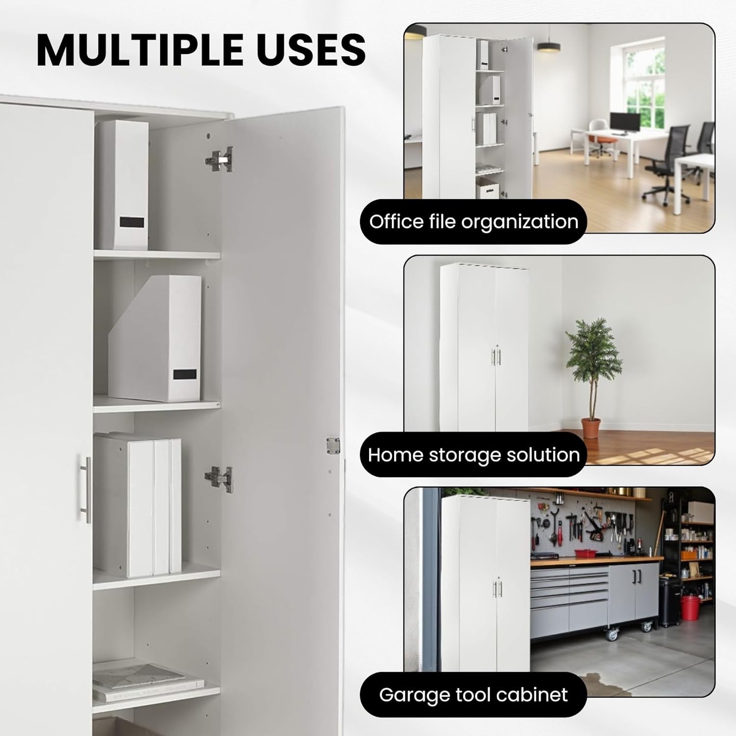 Tall White Storage Cupboard 2 Door Lockable Cabinet with 4 Shelves Office