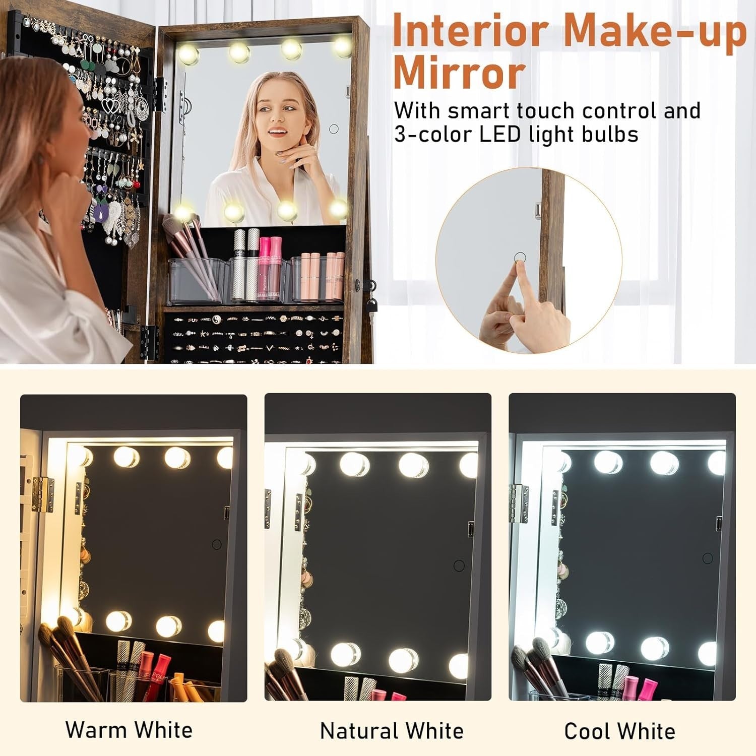 Rustic Brown 360° Swivel LED Jewelry Cabinet Mirror Lockable Storage